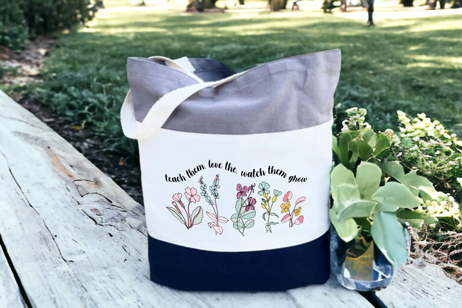 Tote For Teachers, Canvas Floral Tote Bag, Tri Color Tote Bag-newamarketing