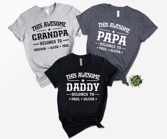 This Awesome Belongs to Shirt, Dad Shirt with Kids Names, Custom Dad Tee-newamarketing
