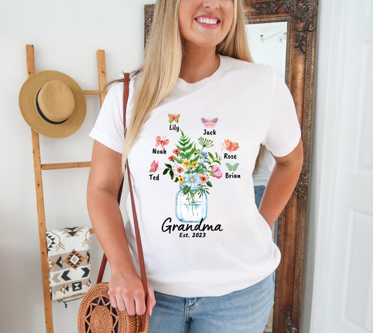Custom Grandma Shirt, Grandma Est Flower Butterfly Shirt, Grandkids Name Shirt-newamarketing