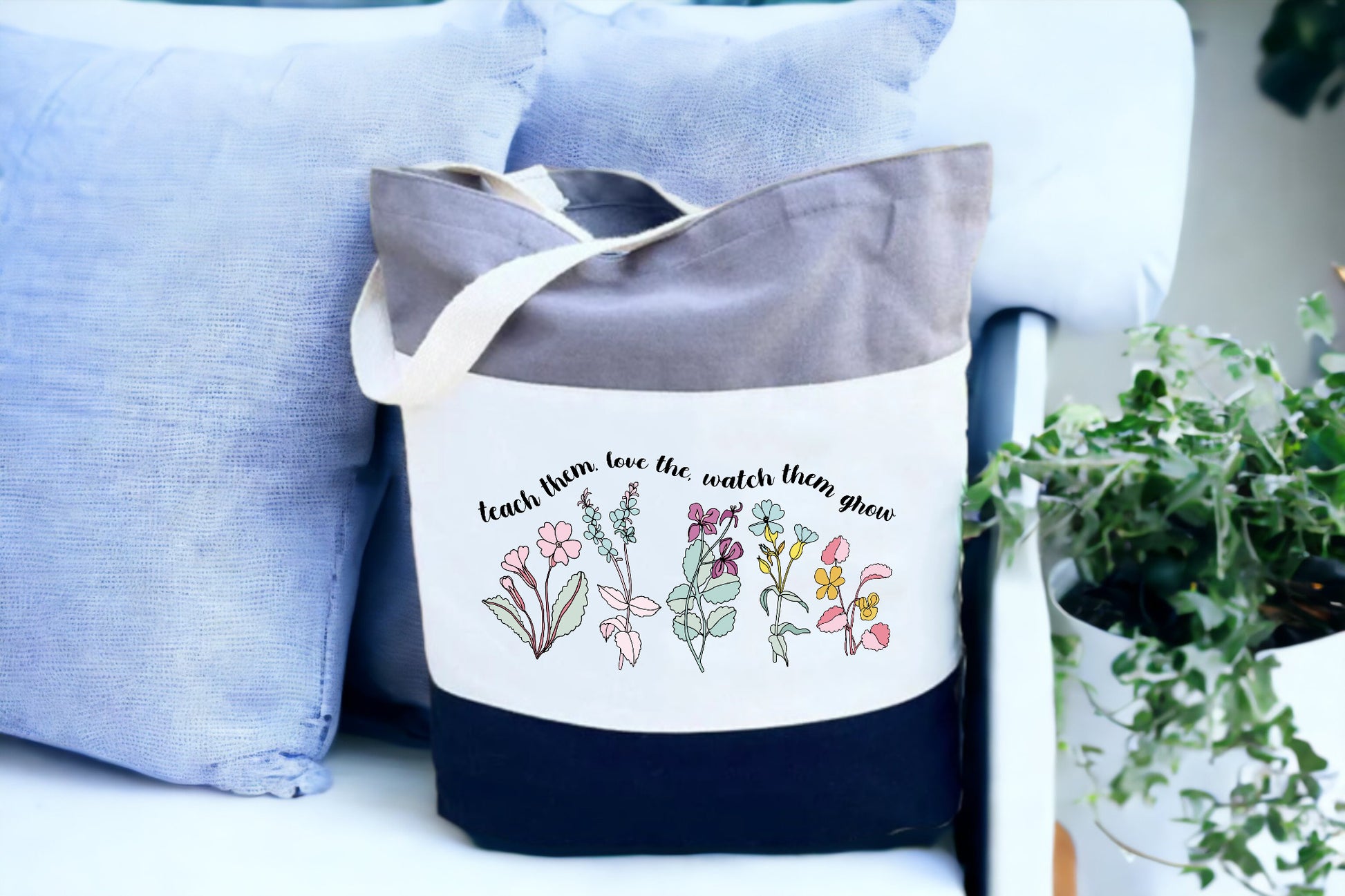 Tote For Teachers, Canvas Floral Tote Bag, Tri Color Tote Bag-newamarketing