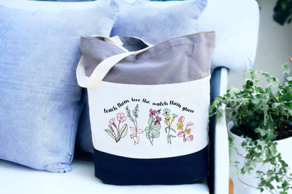 Tote For Teachers, Canvas Floral Tote Bag, Tri Color Tote Bag-newamarketing