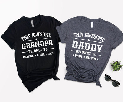 This Awesome Belongs to Shirt, Dad Shirt with Kids Names, Custom Dad Tee-newamarketing
