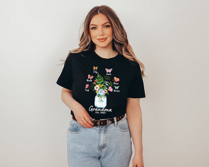 Custom Grandma Shirt, Grandma Est Flower Butterfly Shirt, Grandkids Name Shirt-newamarketing