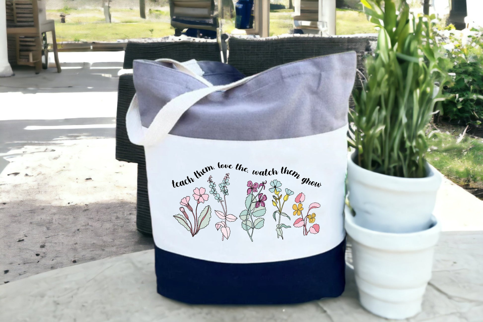 Tote For Teachers, Canvas Floral Tote Bag, Tri Color Tote Bag-newamarketing