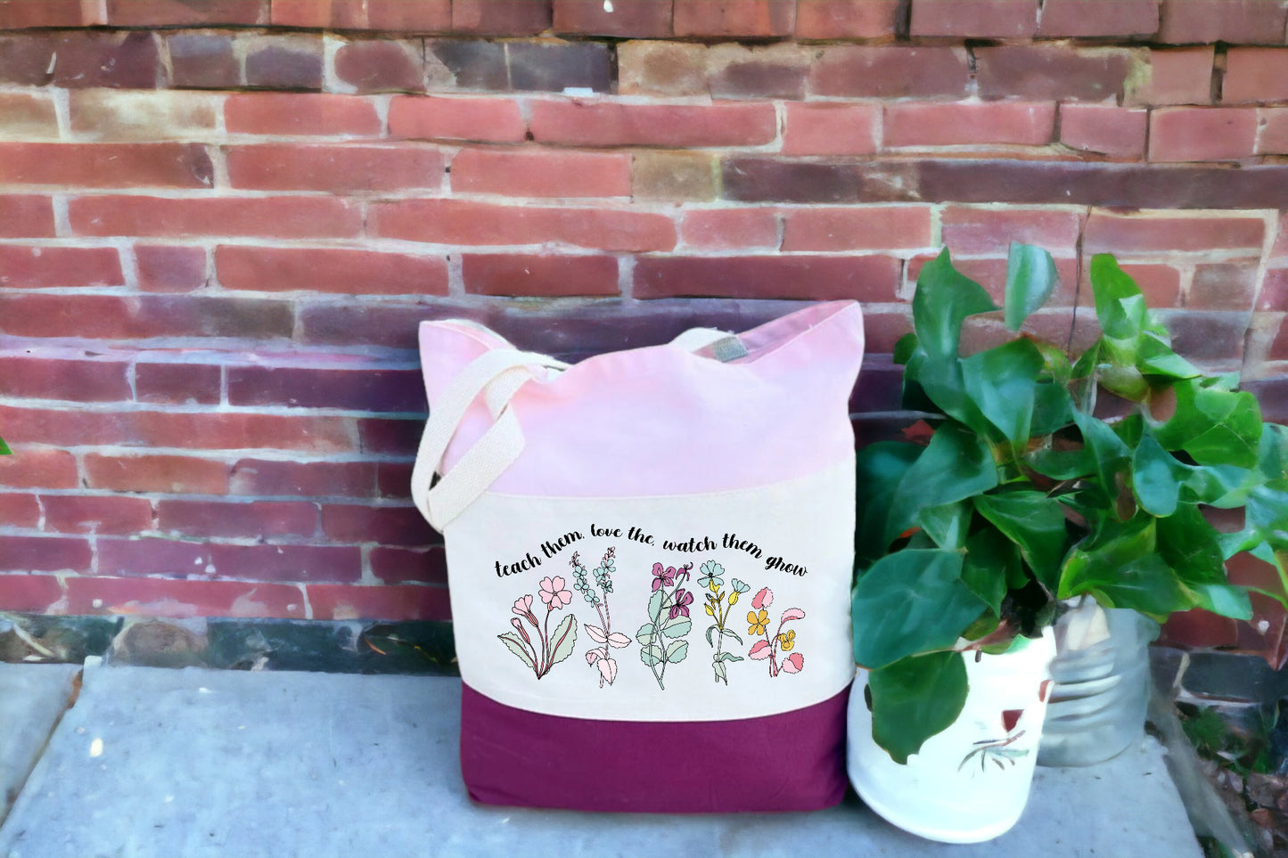 Tote For Teachers, Canvas Floral Tote Bag, Tri Color Tote Bag-newamarketing