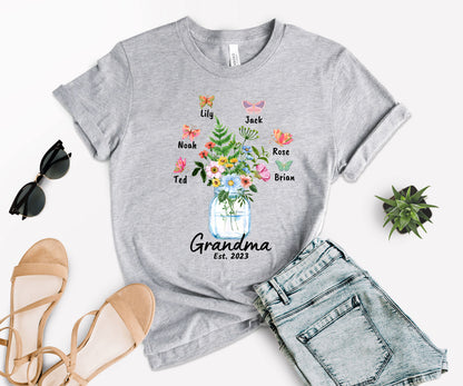 Custom Grandma Shirt, Grandma Est Flower Butterfly Shirt, Grandkids Name Shirt-newamarketing
