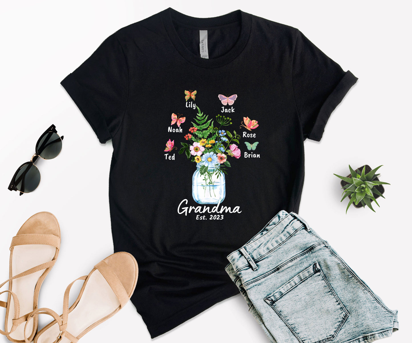 Custom Grandma Shirt, Grandma Est Flower Butterfly Shirt, Grandkids Name Shirt-newamarketing