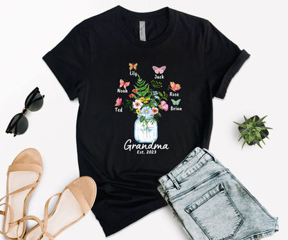 Custom Grandma Shirt, Grandma Est Flower Butterfly Shirt, Grandkids Name Shirt-newamarketing
