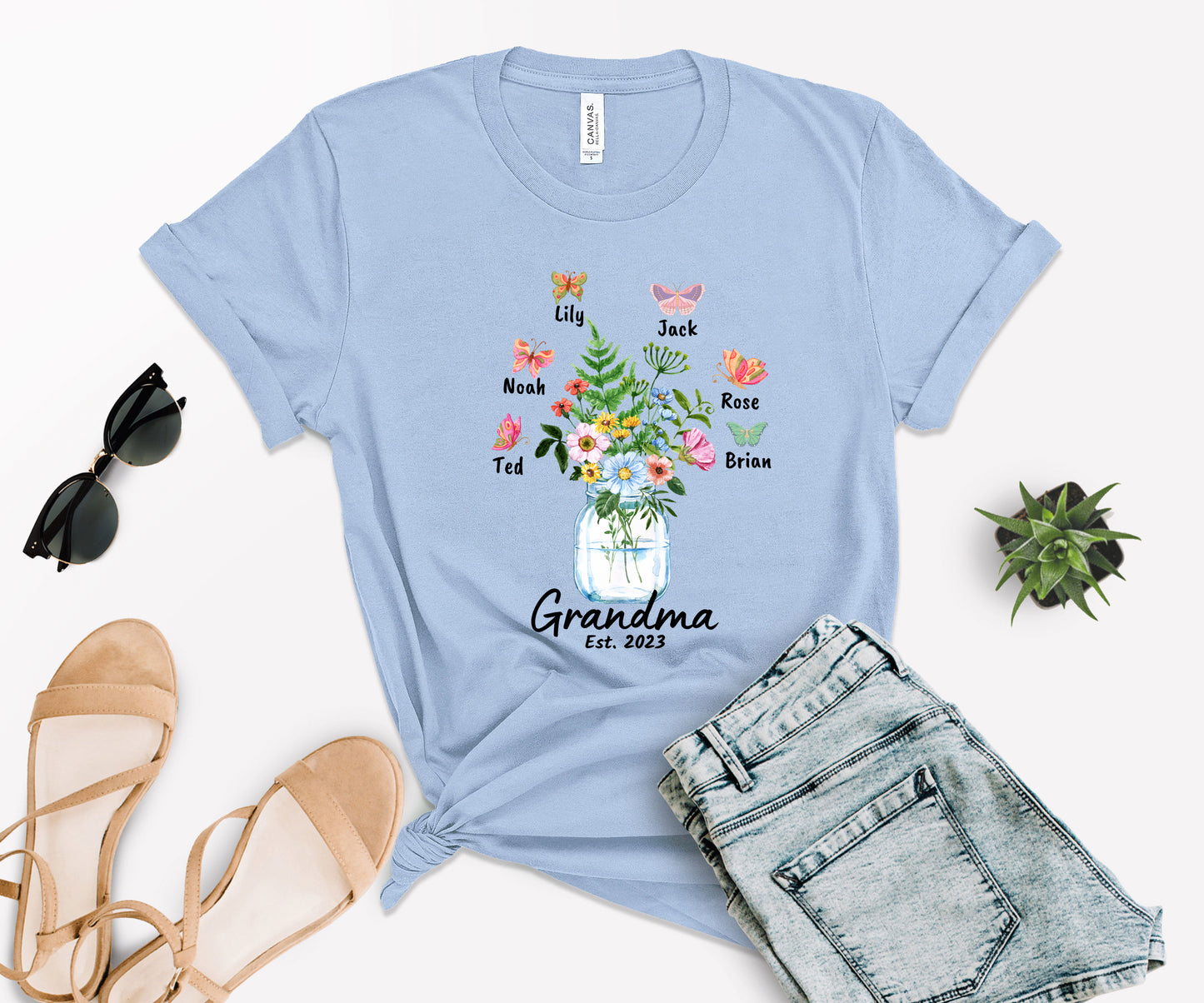 Custom Grandma Shirt, Grandma Est Flower Butterfly Shirt, Grandkids Name Shirt-newamarketing