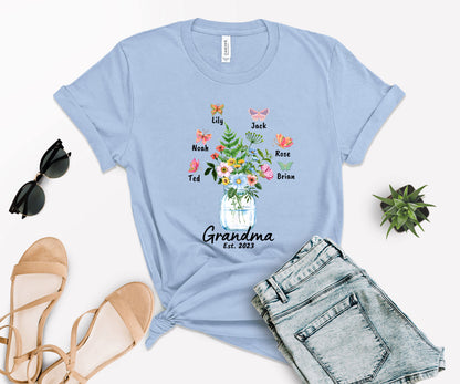 Custom Grandma Shirt, Grandma Est Flower Butterfly Shirt, Grandkids Name Shirt-newamarketing