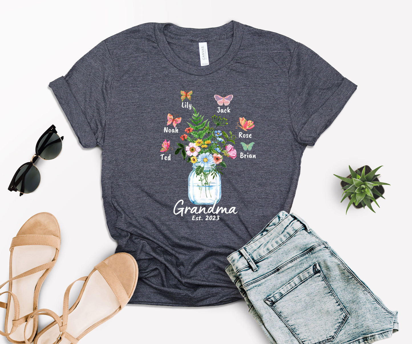 Custom Grandma Shirt, Grandma Est Flower Butterfly Shirt, Grandkids Name Shirt-newamarketing
