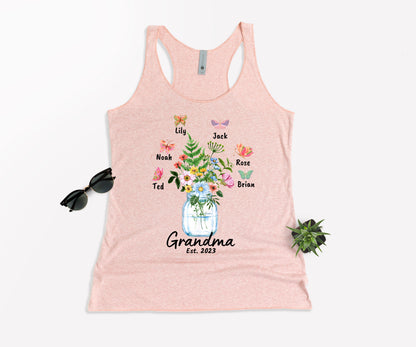 Custom Grandma Shirt, Grandma Est Flower Butterfly Shirt, Grandkids Name Shirt-newamarketing