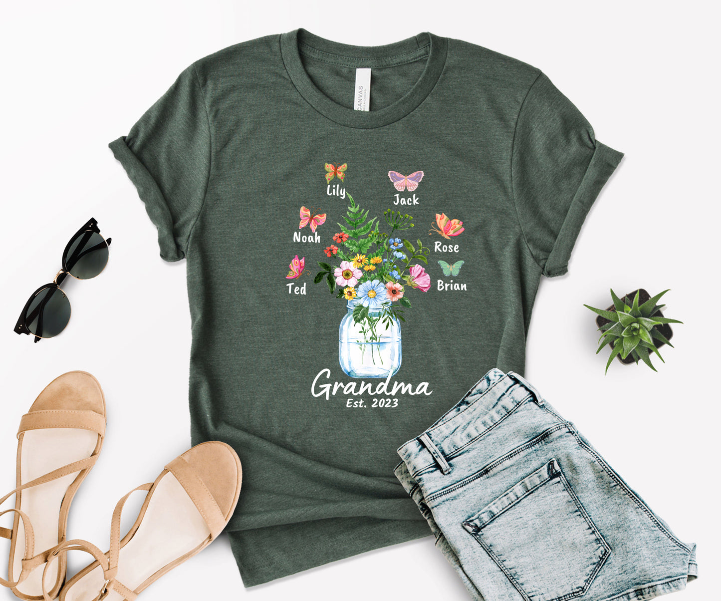 Custom Grandma Shirt, Grandma Est Flower Butterfly Shirt, Grandkids Name Shirt-newamarketing