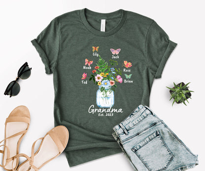 Custom Grandma Shirt, Grandma Est Flower Butterfly Shirt, Grandkids Name Shirt-newamarketing