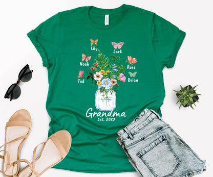 Custom Grandma Shirt, Grandma Est Flower Butterfly Shirt, Grandkids Name Shirt-newamarketing