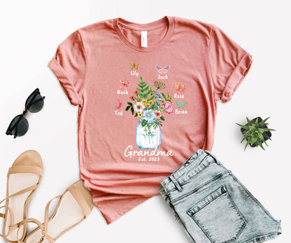 Custom Grandma Shirt, Grandma Est Flower Butterfly Shirt, Grandkids Name Shirt-newamarketing