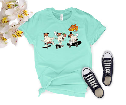 Newa Marketing, Mickey Ghost Skateboarding Shirt, Halloween, family, Mickey and Friends, matching, t-shirts, Made in the USA, high-quality, cotton, graphic tee, Disney,characters, mom, dad, kids, trip, Disneyland, spooky, adult, youth, toddler, baby onesie