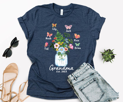 Custom Grandma Shirt, Grandma Est Flower Butterfly Shirt, Grandkids Name Shirt-newamarketing