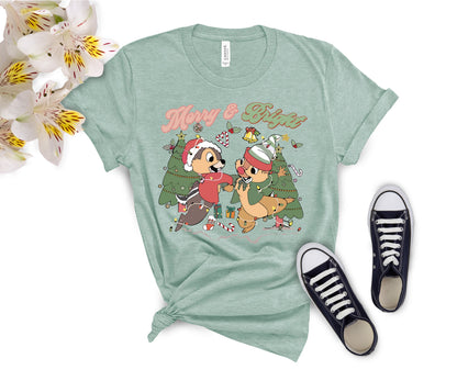 Merry and Bright Christmas T-Shirt – Cute Chipmunk Holiday Graphic Tee for Family Matching Outfits