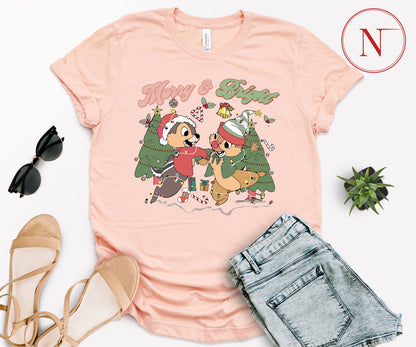 Merry and Bright Christmas T-Shirt – Cute Chipmunk Holiday Graphic Tee for Family Matching Outfits