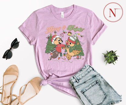 Merry and Bright Christmas T-Shirt – Cute Chipmunk Holiday Graphic Tee for Family Matching Outfits