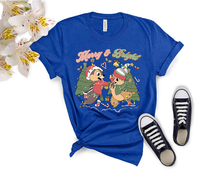 Merry and Bright Christmas T-Shirt – Cute Chipmunk Holiday Graphic Tee for Family Matching Outfits