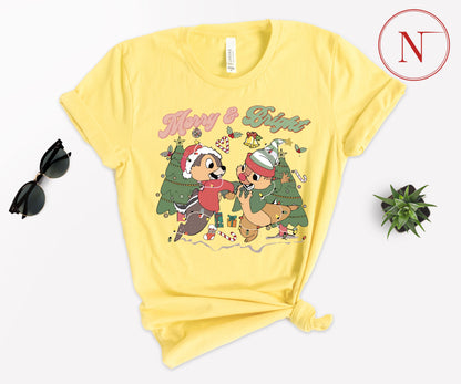 Merry and Bright Christmas T-Shirt – Cute Chipmunk Holiday Graphic Tee for Family Matching Outfits