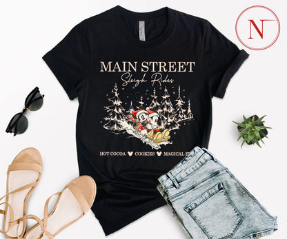Main Street Sleigh Rides Christmas T-Shirt – Holiday Shirt for Women, Men, Kids & Babies, Made in USA