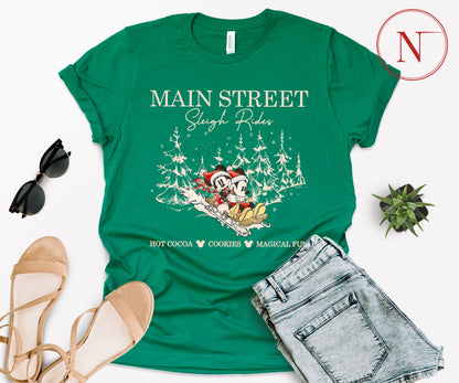 Main Street Sleigh Rides Christmas T-Shirt – Holiday Shirt for Women, Men, Kids & Babies, Made in USA