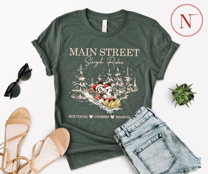 Main Street Sleigh Rides Christmas T-Shirt – Holiday Shirt for Women, Men, Kids & Babies, Made in USA