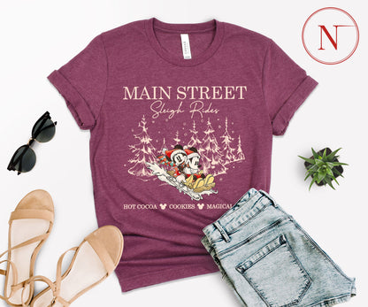 Main Street Sleigh Rides Christmas T-Shirt – Holiday Shirt for Women, Men, Kids & Babies, Made in USA
