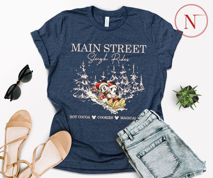 Main Street Sleigh Rides Christmas T-Shirt – Holiday Shirt for Women, Men, Kids & Babies, Made in USA