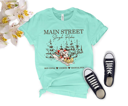 Main Street Sleigh Rides Christmas T-Shirt – Holiday Shirt for Women, Men, Kids & Babies, Made in USA
