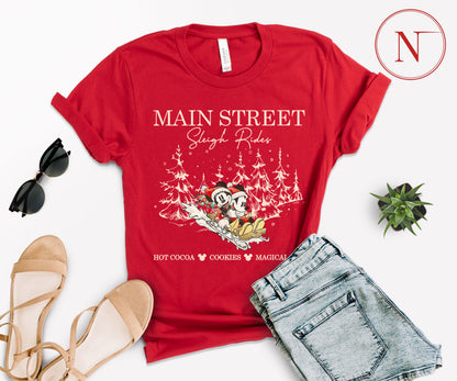 Main Street Sleigh Rides Christmas T-Shirt – Holiday Shirt for Women, Men, Kids & Babies, Made in USA