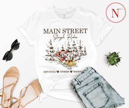 Main Street Sleigh Rides Christmas T-Shirt – Holiday Shirt for Women, Men, Kids & Babies, Made in USA