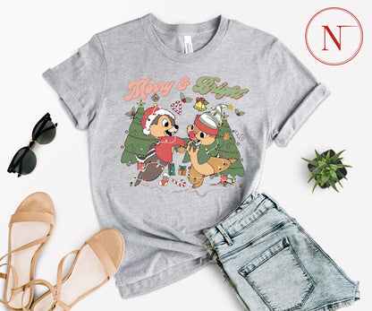 Merry and Bright Christmas T-Shirt – Cute Chipmunk Holiday Graphic Tee for Family Matching Outfits
