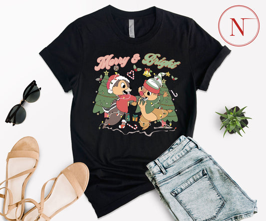Merry and Bright Christmas T-Shirt – Cute Chipmunk Holiday Graphic Tee for Family Matching Outfits