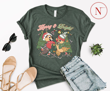 Merry and Bright Christmas T-Shirt – Cute Chipmunk Holiday Graphic Tee for Family Matching Outfits