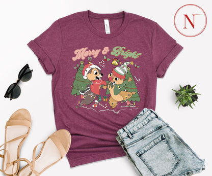 Merry and Bright Christmas T-Shirt – Cute Chipmunk Holiday Graphic Tee for Family Matching Outfits