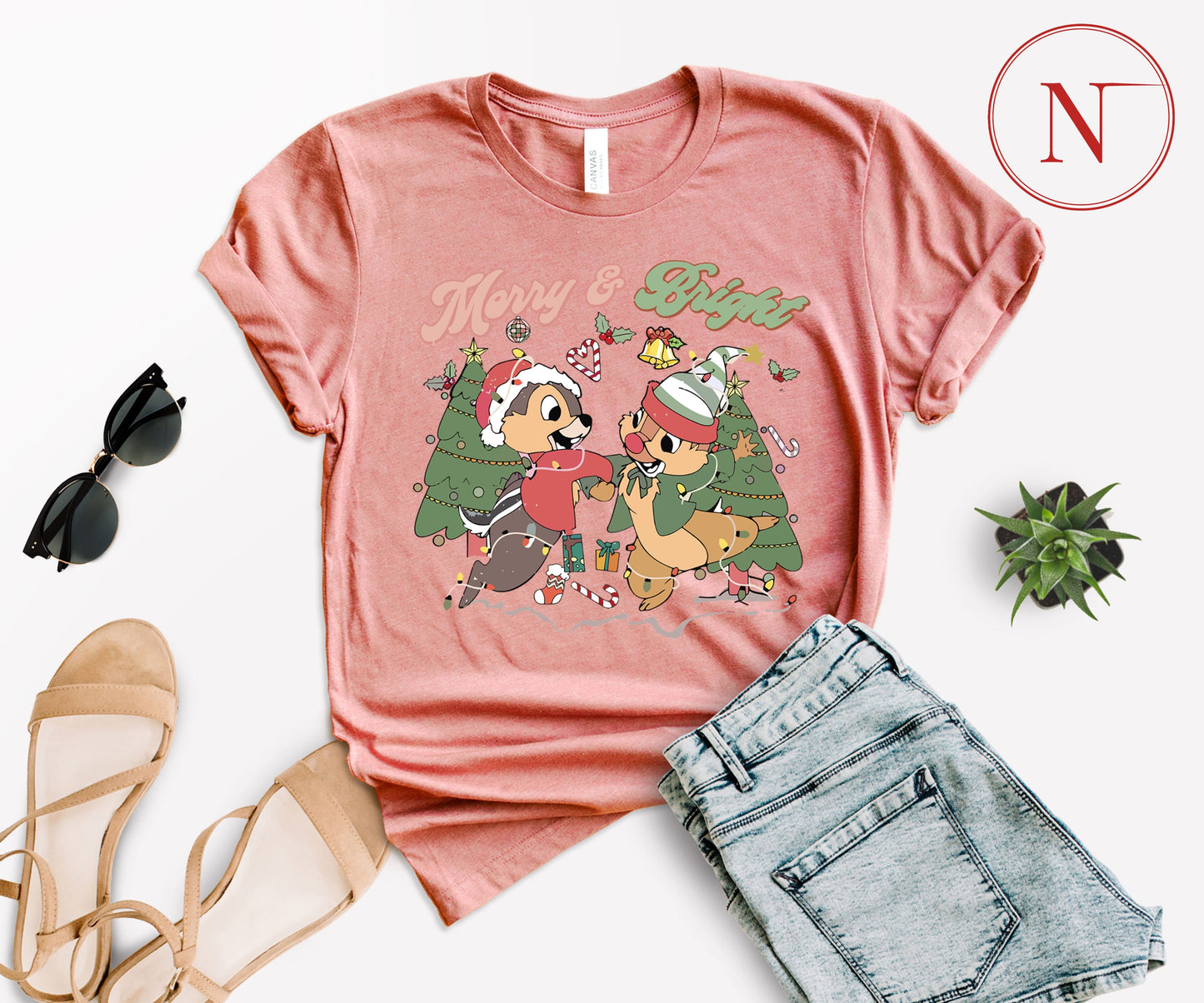 Merry and Bright Christmas T-Shirt – Cute Chipmunk Holiday Graphic Tee for Family Matching Outfits