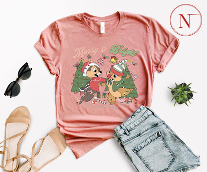 Merry and Bright Christmas T-Shirt – Cute Chipmunk Holiday Graphic Tee for Family Matching Outfits