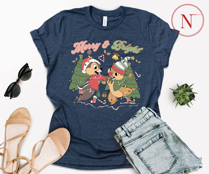 Merry and Bright Christmas T-Shirt – Cute Chipmunk Holiday Graphic Tee for Family Matching Outfits