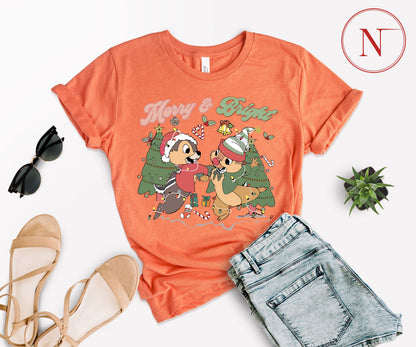 Merry and Bright Christmas T-Shirt – Cute Chipmunk Holiday Graphic Tee for Family Matching Outfits