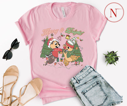 Merry and Bright Christmas T-Shirt – Cute Chipmunk Holiday Graphic Tee for Family Matching Outfits