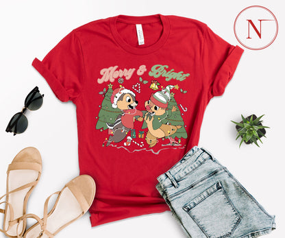 Merry and Bright Christmas T-Shirt – Cute Chipmunk Holiday Graphic Tee for Family Matching Outfits