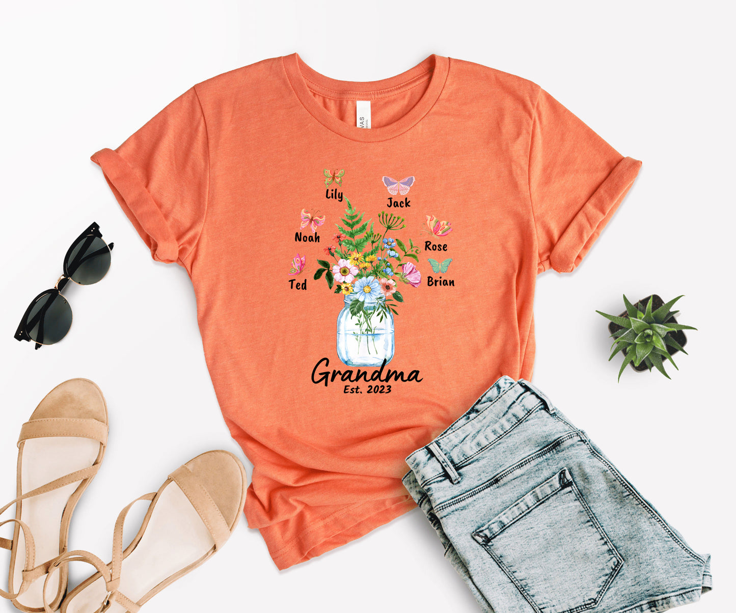 Custom Grandma Shirt, Grandma Est Flower Butterfly Shirt, Grandkids Name Shirt-newamarketing