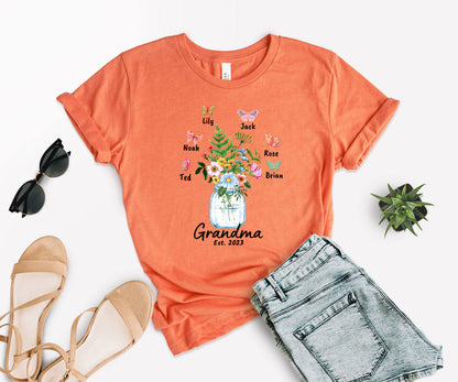 Custom Grandma Shirt, Grandma Est Flower Butterfly Shirt, Grandkids Name Shirt-newamarketing