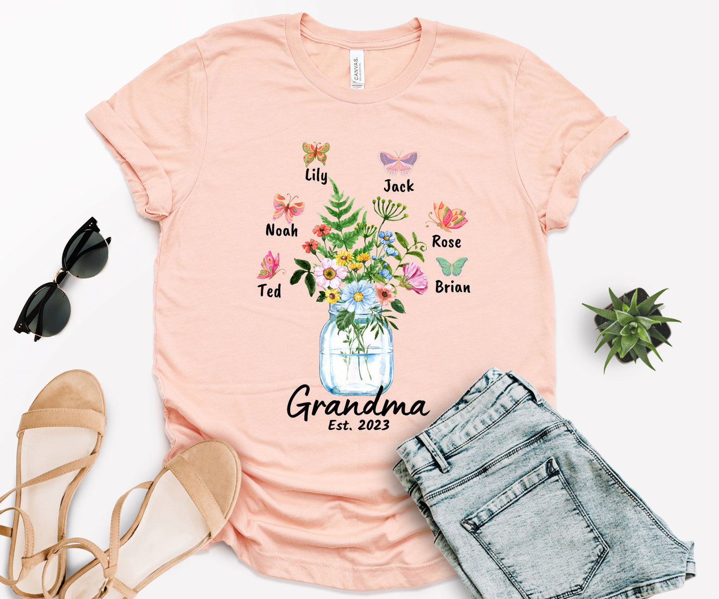 Custom Grandma Shirt, Grandma Est Flower Butterfly Shirt, Grandkids Name Shirt-newamarketing