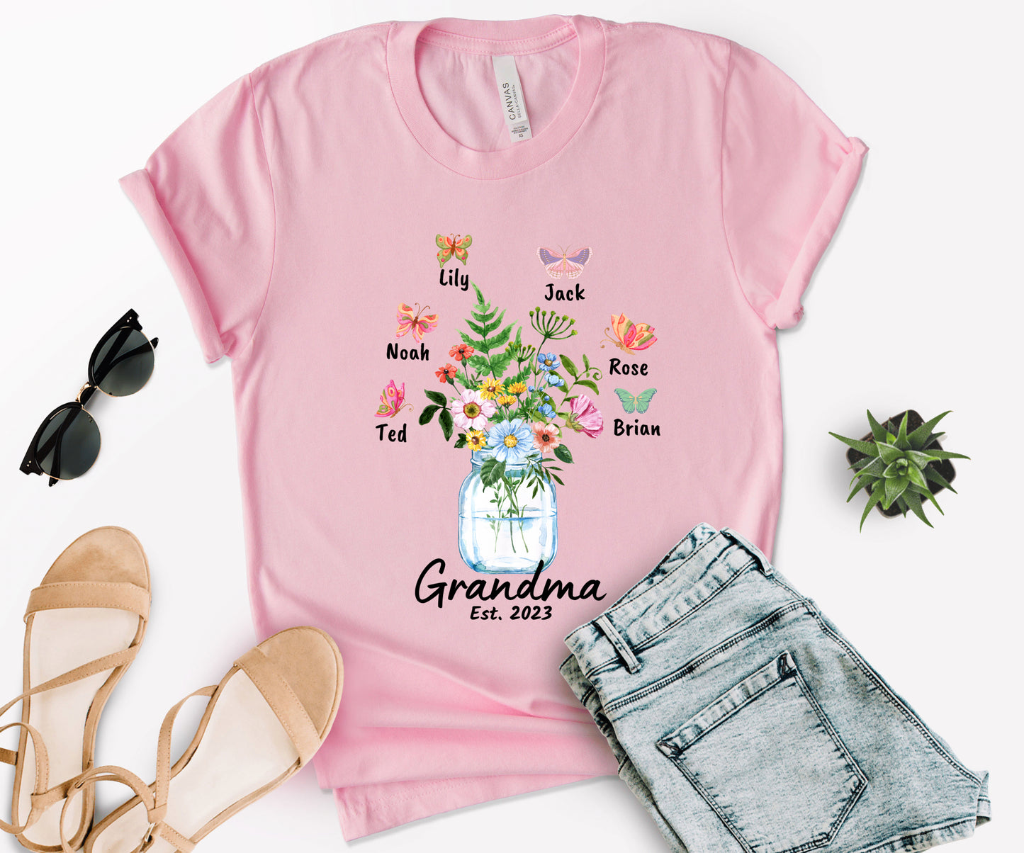Custom Grandma Shirt, Grandma Est Flower Butterfly Shirt, Grandkids Name Shirt-newamarketing