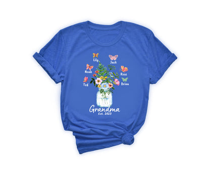 Custom Grandma Shirt, Grandma Est Flower Butterfly Shirt, Grandkids Name Shirt-newamarketing